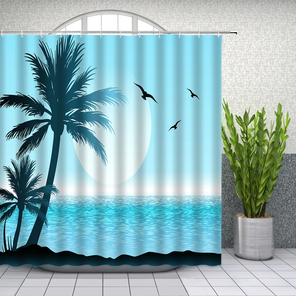

Hawaii Island Coconut Tree Seagull Seawater Cartoon Shower Curtains Bathroom Decor Waterproof Polyester Cloth Curtain Set Cheap