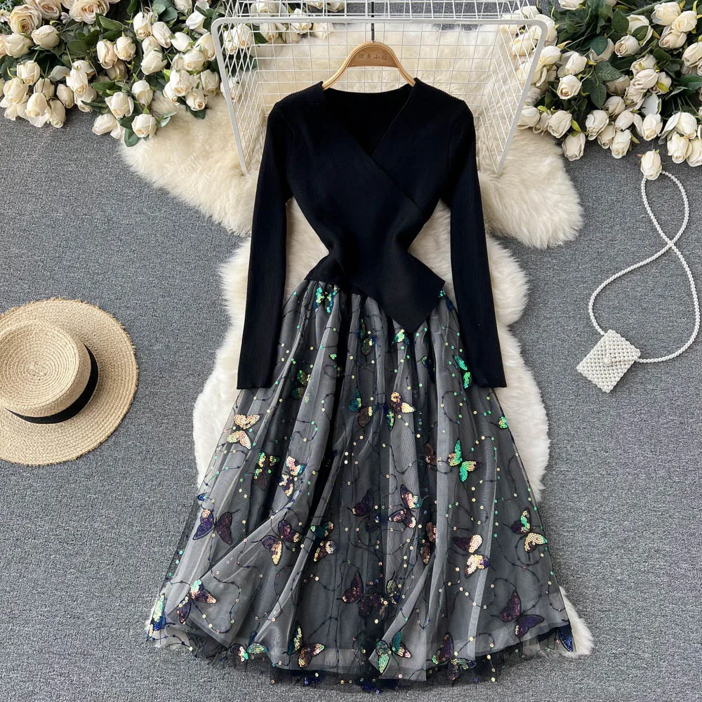 C927 Women New Fashion Autumn Winter V Neck Slim Long Sleeve Knitted Stitched Floral Embroidery Mesh Dress Elegant Vestidos
C927 Women New Fashion Autumn Winter V Neck Slim Long Sleeve Knitted Stitched Floral Embroidery Mesh Dress Elegant Vestidos