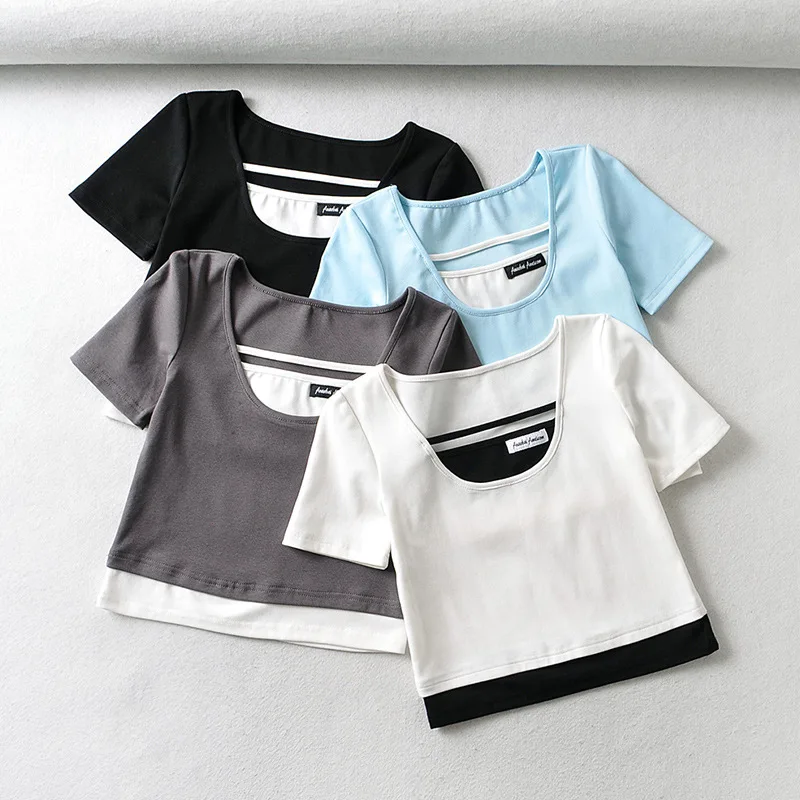 American Short Open Umbilical T-shirt Women 2021 Summer New Tight Thin Short-sleeved Fake Two-piece Top Ins Tide DLSY1682 
American Short Open Umbilical T-shirt Women 2021 Summer New Tight Thin Short-sleeved Fake Two-piece Top Ins Tide DLSY1682