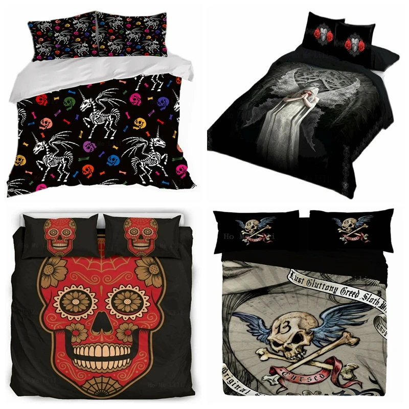 

Black Unicorn Duvet Cover Mexican Sugar Skull Cool Cartoon Illustration Only Love Remains Alchemy Cursed Bedding Set