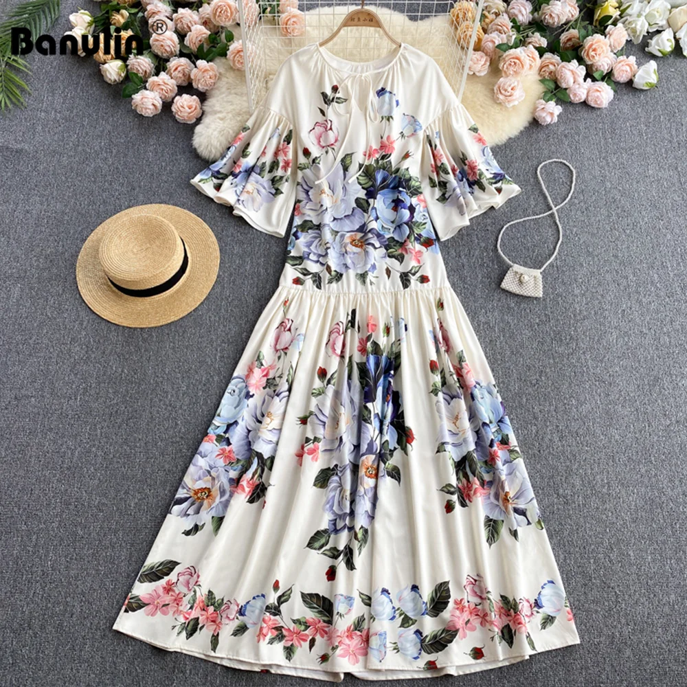 Banulin Runway Summer Vintage Loose Robe Maxi Dress Women's V-neck Strappy Flare Sleeve Flower Print Long Dress N7402
Banulin Runway Summer Vintage Loose Robe Maxi Dress Women's V-neck Strappy Flare Sleeve Flower Print Long Dress N7402