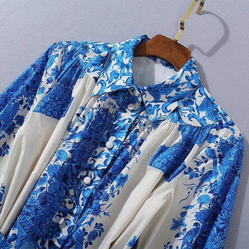 European and American women's wear 2020 winter new style Long sleeve lapel lace-up Fashionable blue print dress
European and American women's wear 2020 winter new style Long sleeve lapel lace-up Fashionable blue print dress