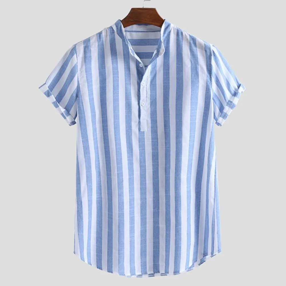 Mens Casual Linen Striped Shirt Short Sleeve Loose Collarless Holiday Blouse Top Button Streetwear Casual Shirts Men Hip-hop Top
Mens Casual Linen Striped Shirt Short Sleeve Loose Collarless Holiday Blouse Top Button Streetwear Casual Shirts Men Hip-hop Top