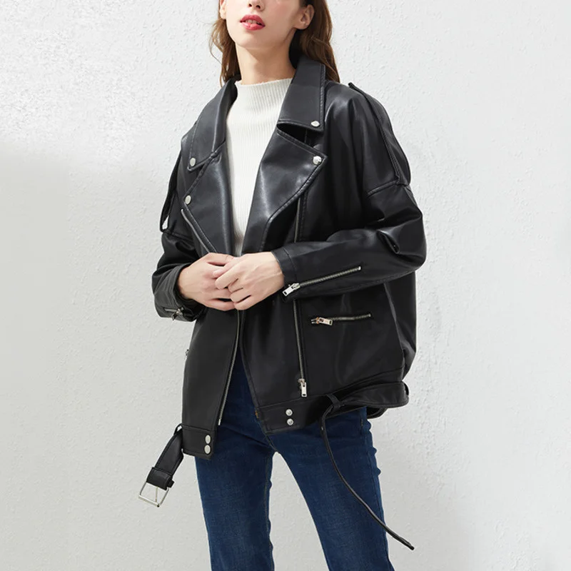Women Casual Faux Leather Jacket 2021 Zipper Loose Biker Sashes Streetwear Punk Outwear Fashion BF Style Black Leather Jackets
Women Casual Faux Leather Jacket 2021 Zipper Loose Biker Sashes Streetwear Punk Outwear Fashion BF Style Black Leather Jackets