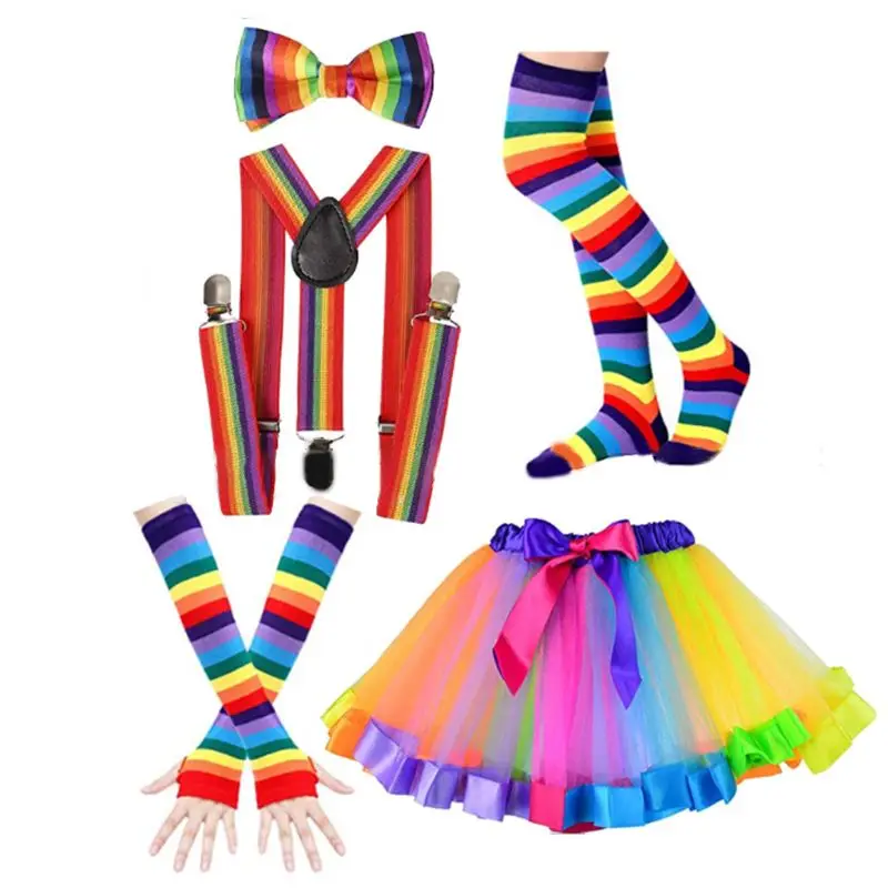Womens 80s Neon Party Outfit Costume Rainbow Stripes Arm Warmer Long Socks Bowtie Suspenders Tutu Skirt Cosplay Set
Womens 80s Neon Party Outfit Costume Rainbow Stripes Arm Warmer Long Socks Bowtie Suspenders Tutu Skirt Cosplay Set