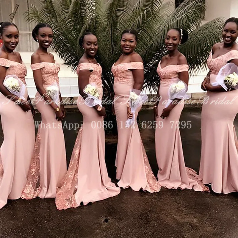 Peach Sheer Lace Long Mermaid Bridesmaid Dresses With Appliques Off Shoulder African Women Wedding Party Dress Vestidos
Peach Sheer Lace Long Mermaid Bridesmaid Dresses With Appliques Off Shoulder African Women Wedding Party Dress Vestidos