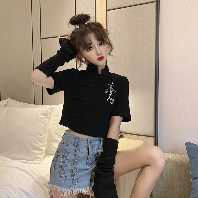 Chinese Style Ladies Simple Stand Collar Buckle Short High Waist Short Tops Kawaii Japanese Women's Summer Short Sleeve T-shirts
Chinese Style Ladies Simple Stand Collar Buckle Short High Waist Short Tops Kawaii Japanese Women's Summer Short Sleeve T-shirts