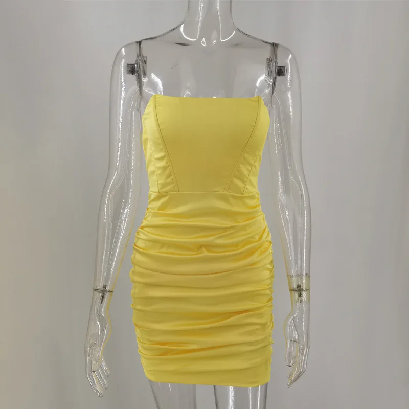

WJFZQM Summer Women Strapless Sexy Dress Night Club Bodycon Solid Skinny Mini Dress Casual Ladies Ruched Party Yellow Dresses