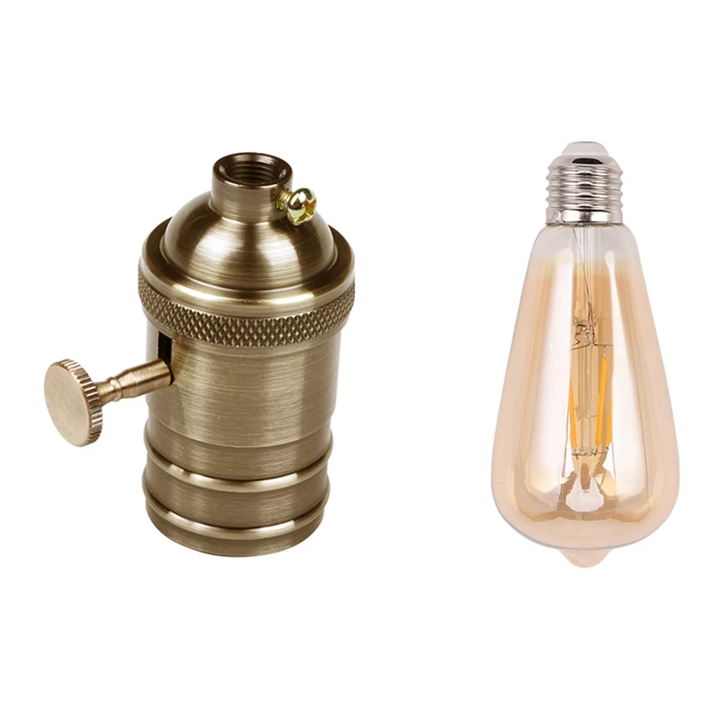 

1 Pcs E26/E27 Brass Copper Lamp Light Bulb Holder Socket & 1 Pcs Dimmable E27 4W Filament ST64 COB LED Bulb