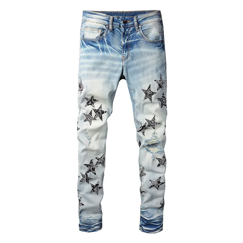 

Men Paisley Bandana Print Star Jeans Streetwear Patches Distressed Skinny Stretch Denim Pants Tapered Pencil Trousers