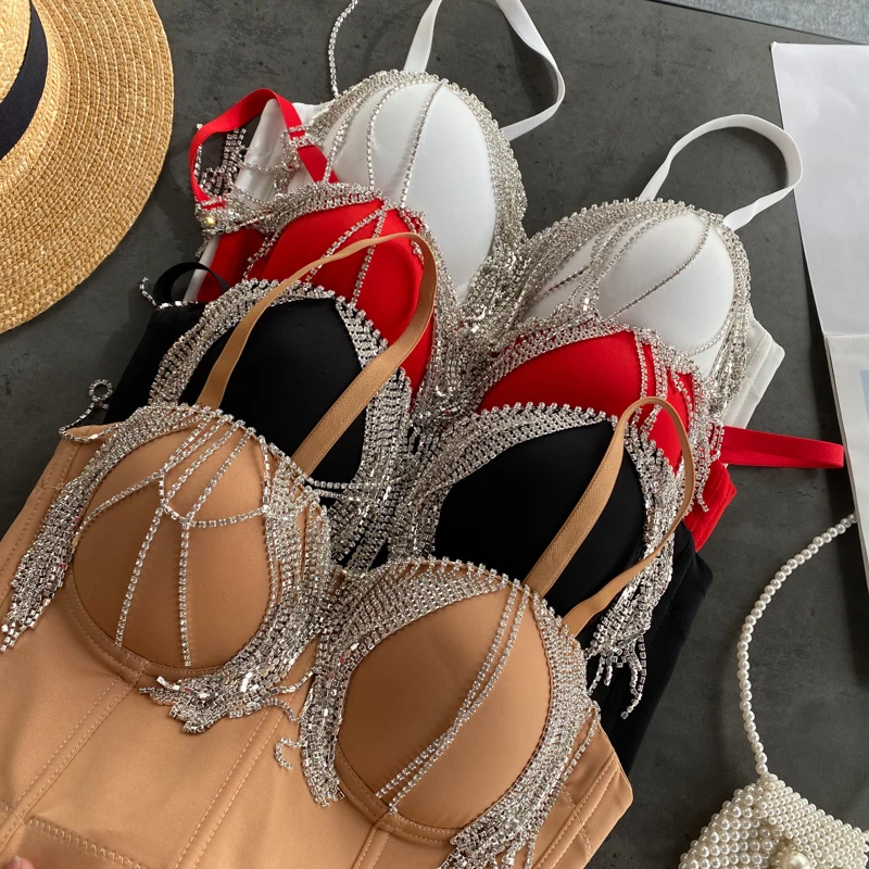 New Women Fashion Tassel Rhinestone Camisole Sexy Padded Nightclub Dance Sleeveless High Waist Bustier Crop Tops Club Outfits 
New Women Fashion Tassel Rhinestone Camisole Sexy Padded Nightclub Dance Sleeveless High Waist Bustier Crop Tops Club Outfits