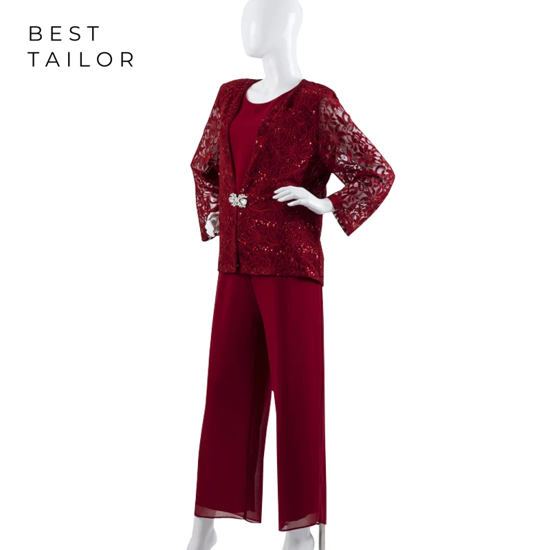 Burgundy Mother of the Bride Dresses for Wedding 3 Pieces Pant Suits Lace Jacket Women Elegant Women Farsali Vestido De Madrinha
Burgundy Mother of the Bride Dresses for Wedding 3 Pieces Pant Suits Lace Jacket Women Elegant Women Farsali Vestido De Madrinha