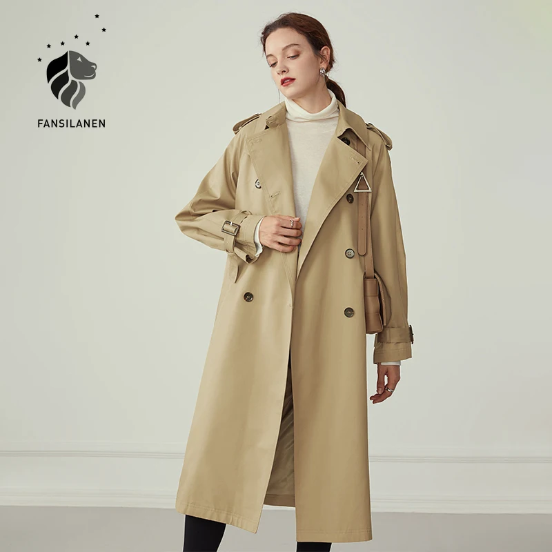 

FANSILANEN Khaki long women's trench coat Autumn winter sash belt fashion windbreaker Female causal streetwear jacket trenchcoat
