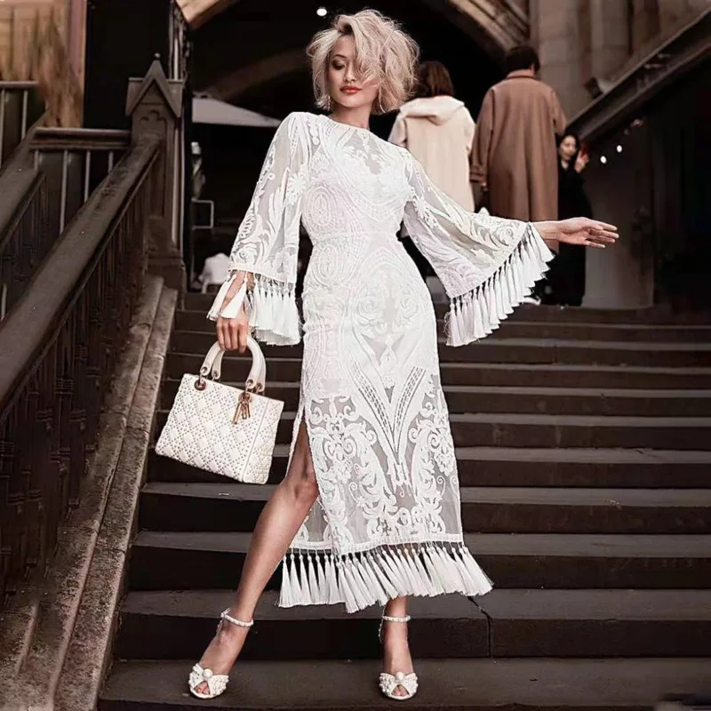 Midi dress Women White Embroidered Mesh Lace Dresses Female Tassel Split Dress Floral Hollow Out Elegant Prom Dresses
Midi dress Women White Embroidered Mesh Lace Dresses Female Tassel Split Dress Floral Hollow Out Elegant Prom Dresses