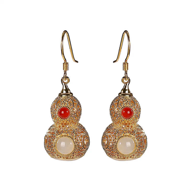 S925 sterling silver gold-plated Hetian jade earrings vintage cloisonne fu character gourd women ear hook eardrop earring
S925 sterling silver gold-plated Hetian jade earrings vintage cloisonne fu character gourd women ear hook eardrop earring