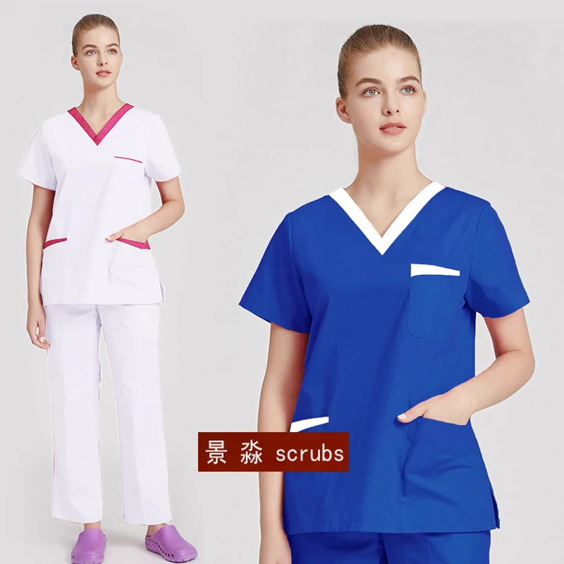 Plug Size Medical Clothes Women Scrub Set Contrast Color V Neck Scrub Top Short Sleeve Cotton Scrub Pants Fashion Nurse Uniform
Plug Size Medical Clothes Women Scrub Set Contrast Color V Neck Scrub Top Short Sleeve Cotton Scrub Pants Fashion Nurse Uniform