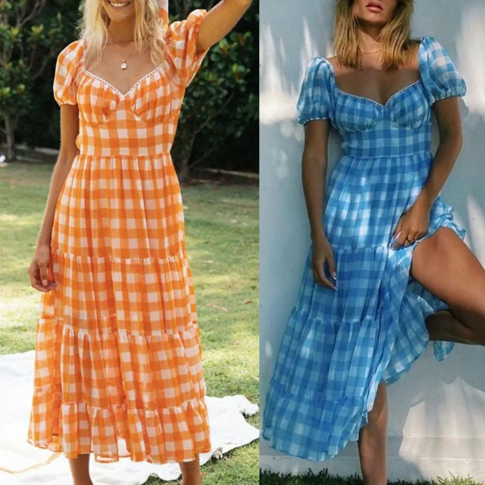 Maxi Dress Women Pleated Casual Puff Short Sleeve Backless Square Collar Party Dresses Bohemian Vestidos Vintage Plaid Robe 
Maxi Dress Women Pleated Casual Puff Short Sleeve Backless Square Collar Party Dresses Bohemian Vestidos Vintage Plaid Robe