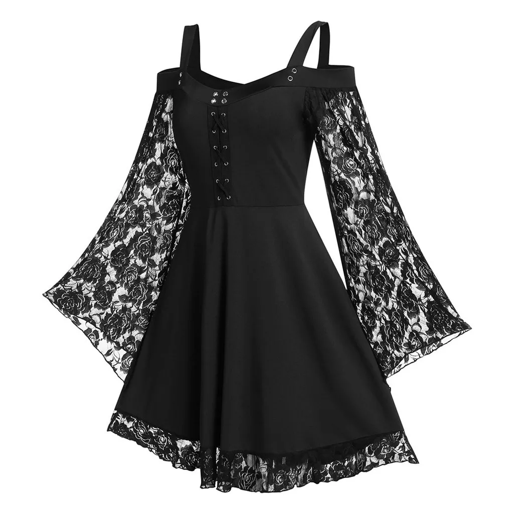 

Gothic Dresses Women Party Night Vintage Dresses Fashion Women Flare Sleeve Tunic Off Shoulder Lace Up Insert Sling Dress#G7