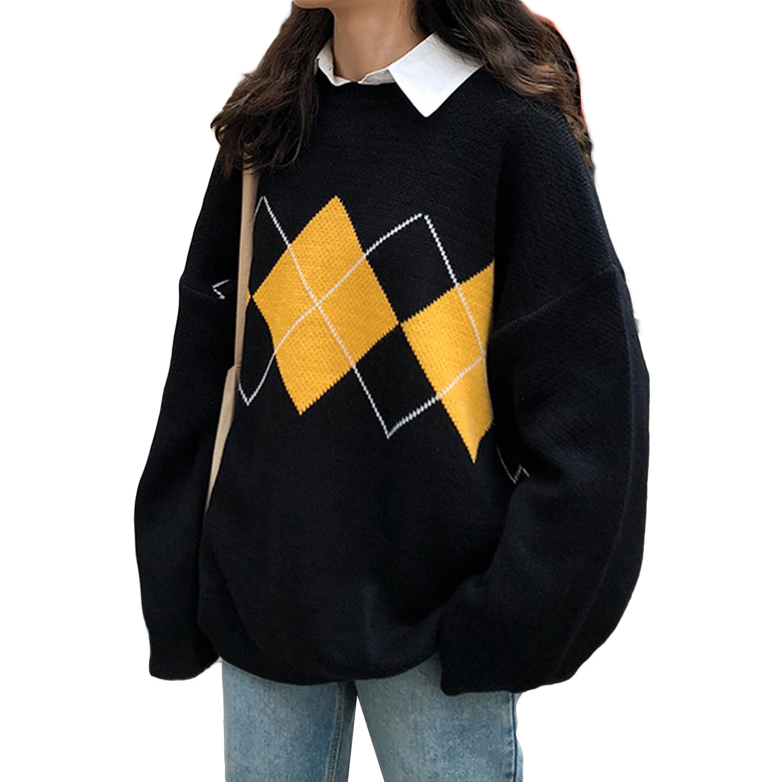 2021 New Women Crew Neck Oversized Sweaters Casual Long Sleeve Argyle Print Knit Pullovers 
2021 New Women Crew Neck Oversized Sweaters Casual Long Sleeve Argyle Print Knit Pullovers