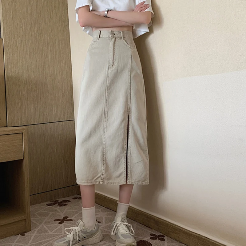 Women Summer Apricot High Waist Button Long Denim Skirts Female Split Straight Skirt Vintage Soild Color Pencil Skirts Pockets
Women Summer Apricot High Waist Button Long Denim Skirts Female Split Straight Skirt Vintage Soild Color Pencil Skirts Pockets