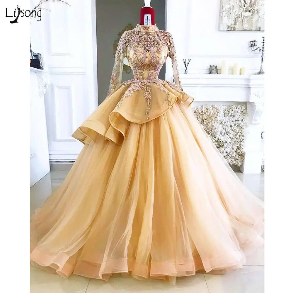 Gold Floral Lace Wedding Dresses Full Sleeves A-line Bridal Gowns Beaded Appliques Bridal Dress Real Image Robe De Mariage 
Gold Floral Lace Wedding Dresses Full Sleeves A-line Bridal Gowns Beaded Appliques Bridal Dress Real Image Robe De Mariage