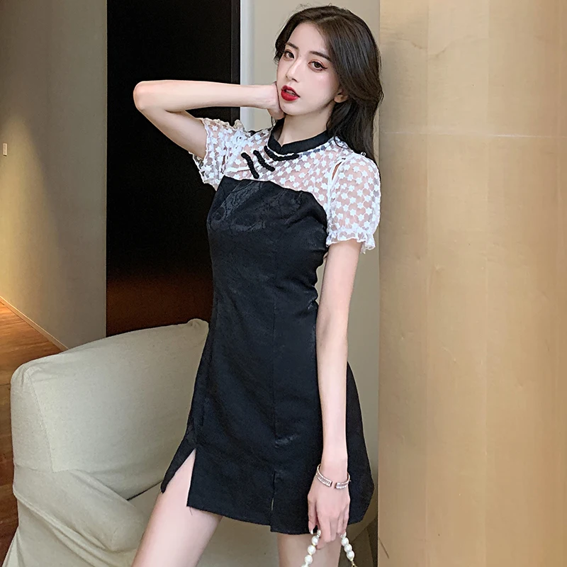 COIGARSAM Cheongsam Patchwork Women one-piece dress korean New Summer Mesh Dresses Black 9295
COIGARSAM Cheongsam Patchwork Women one-piece dress korean New Summer Mesh Dresses Black 9295