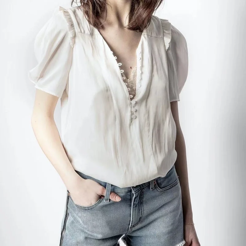 2021 Summer Women Simple Blouse Ladies Single Breasted V-Neck with Buttons Soft Office Lady Frill Trim Shirt and Tops
2021 Summer Women Simple Blouse Ladies Single Breasted V-Neck with Buttons Soft Office Lady Frill Trim Shirt and Tops