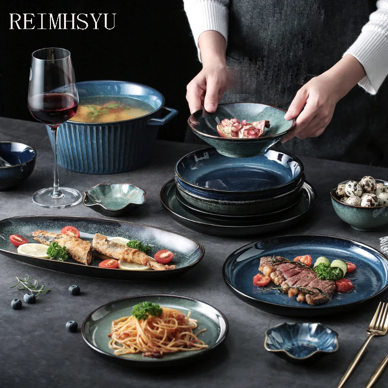 

1PC RELMHSYU Japanese Style Kiln Change Ceramic Retro Rice Soup Noodle Bowl Round Steak Pasta Fish Sushi Dinner Plate Dish Home