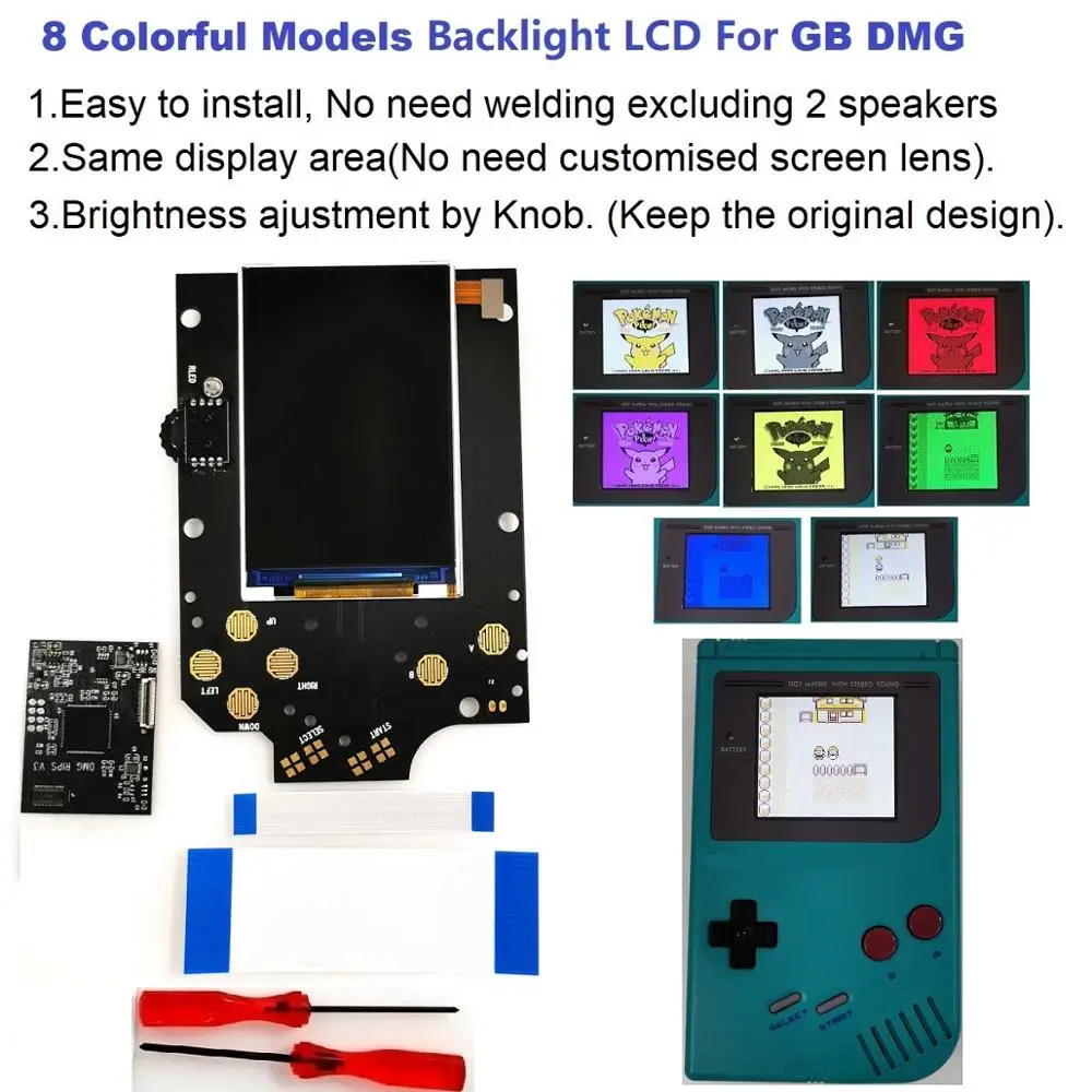 V3 8 Colorful Models Full Size RIPS Backlight Backlit LCD Kit For GameBoy DMG GB DMG Console GB DMG And Pre-cut shell case
V3 8 Colorful Models Full Size RIPS Backlight Backlit LCD Kit For GameBoy DMG GB DMG Console GB DMG And Pre-cut shell case