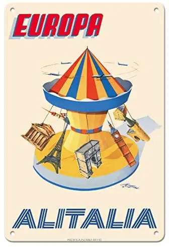 Europe (Europa) - Carousel with Eiffel Tower, Big Ben - Alitalia - Airline Travel Poster by Amieto Fiore c.1956- Metal Sign
Europe (Europa) - Carousel with Eiffel Tower, Big Ben - Alitalia - Airline Travel Poster by Amieto Fiore c.1956- Metal Sign