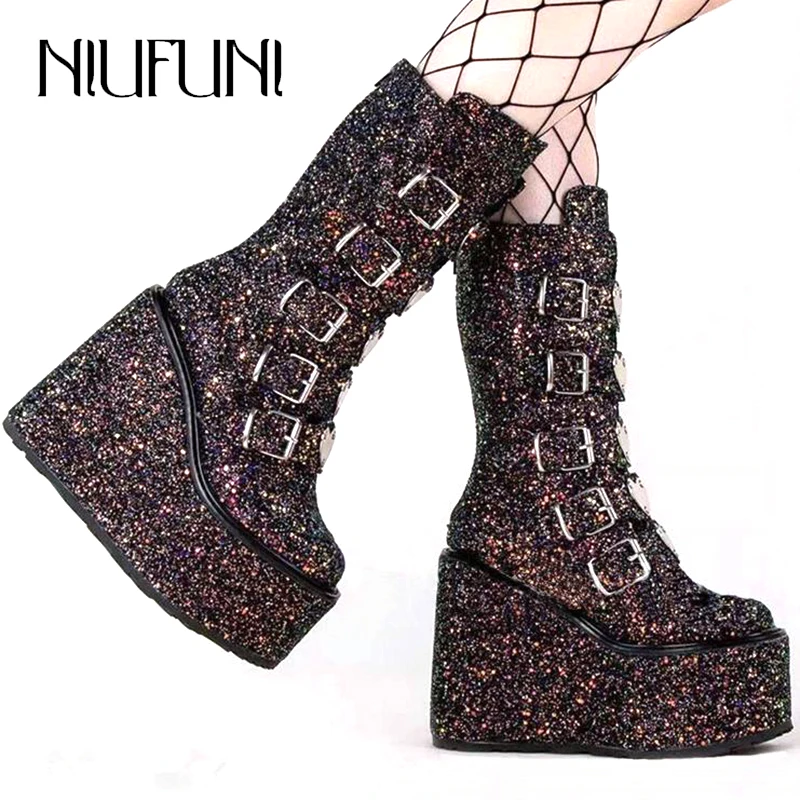 Platform Wedges Women's High Boots Sequined Strap Buckle Personality Women's Autumn Boots Mid Tube Fashion Round Toe Zip Shoes
Platform Wedges Women's High Boots Sequined Strap Buckle Personality Women's Autumn Boots Mid Tube Fashion Round Toe Zip Shoes