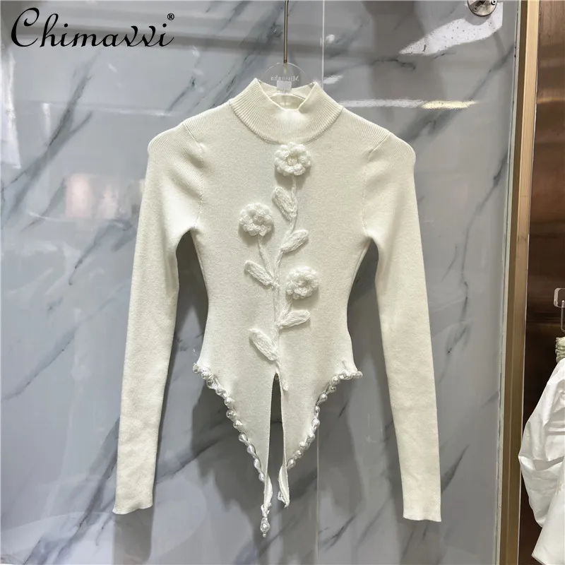2021 Early Autumn Women New Turtleneck Long Sleeves Flower Stitching White T-shirt Split Beaded Slimming Knitwear
2021 Early Autumn Women New Turtleneck Long Sleeves Flower Stitching White T-shirt Split Beaded Slimming Knitwear