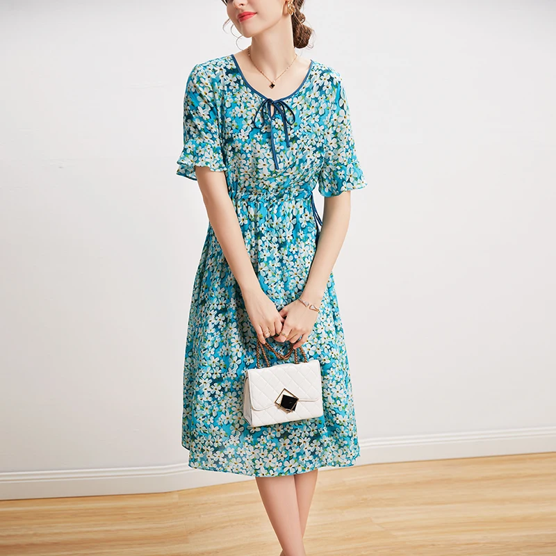100% Silk Women's Dresses O Neck Short Sleeves Lace Up Waist Floral Printed Elegant Summer Dress Vestidos
100% Silk Women's Dresses O Neck Short Sleeves Lace Up Waist Floral Printed Elegant Summer Dress Vestidos