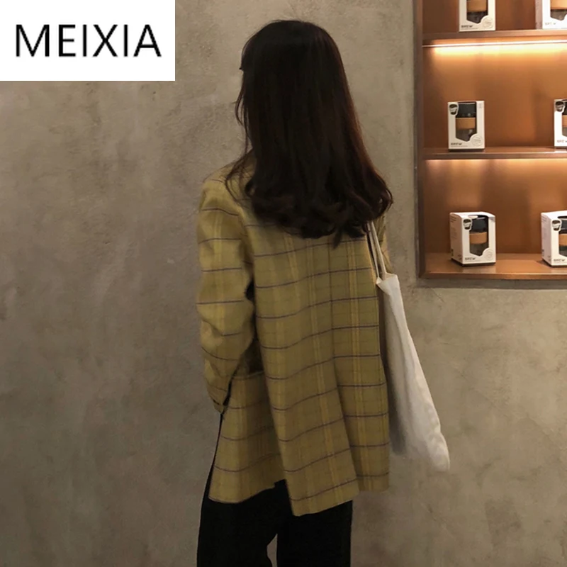 MEIXIA 2020 Spring Autumn Women Casual Suit Coat Turn-down Collar Double Breasted Pockets Yellow Plaid Office Lady Suit Coat
MEIXIA 2020 Spring Autumn Women Casual Suit Coat Turn-down Collar Double Breasted Pockets Yellow Plaid Office Lady Suit Coat