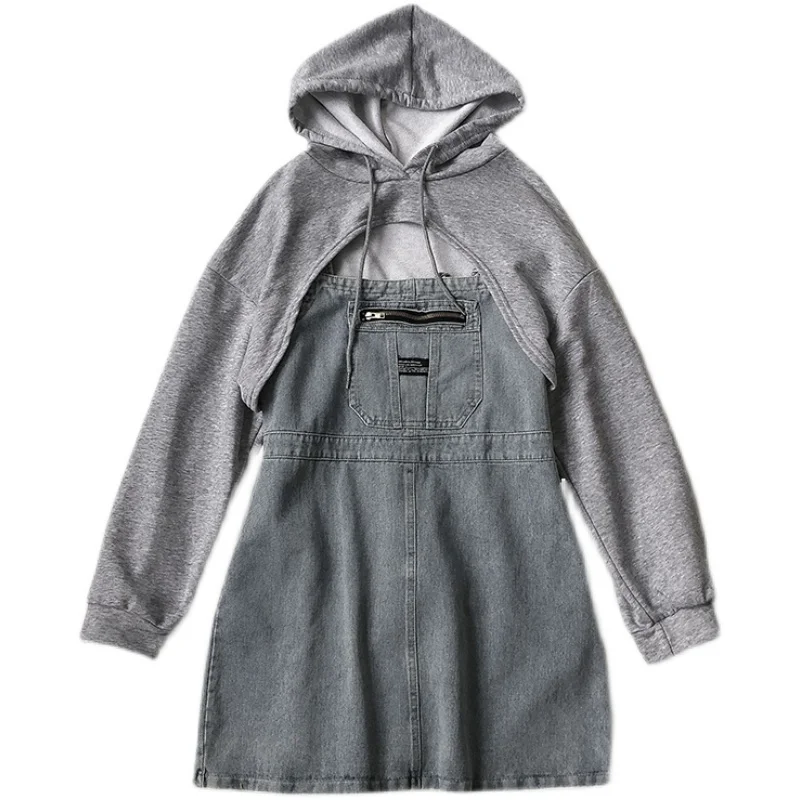 Kimutomo Fashion Two Piece Outfits for Women Drawstring Hooded Long Sleeve Top and Denim Strap A-line Dress Outwear New
Kimutomo Fashion Two Piece Outfits for Women Drawstring Hooded Long Sleeve Top and Denim Strap A-line Dress Outwear New