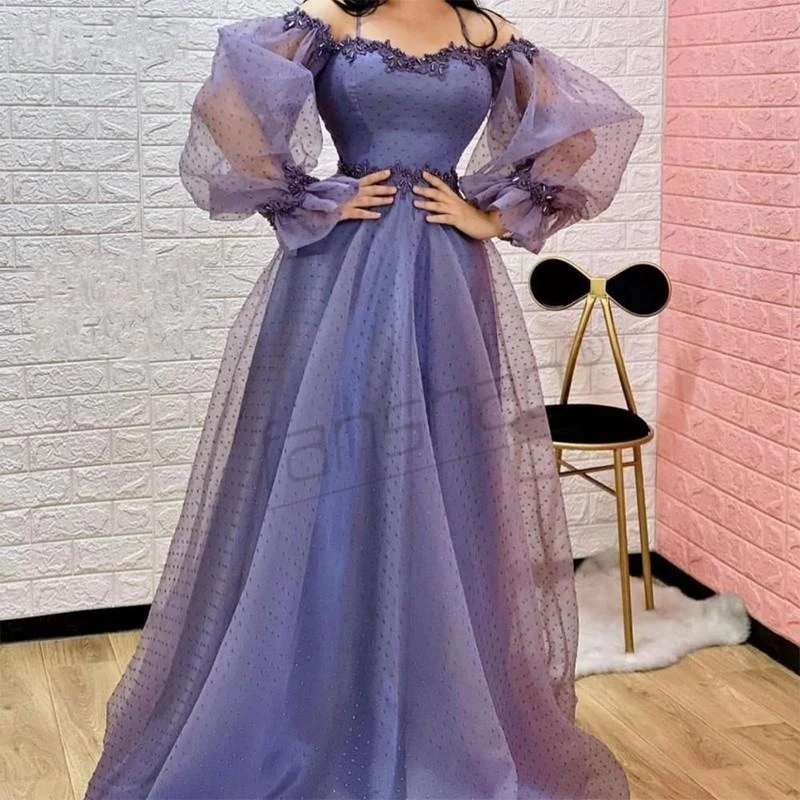 Fanshao Evening Dress Purple Off The Shoulder Full Puffy Sleeve Vestido Appliques Beads Dotted Tulle Charming Robe De Soiree
Fanshao Evening Dress Purple Off The Shoulder Full Puffy Sleeve Vestido Appliques Beads Dotted Tulle Charming Robe De Soiree