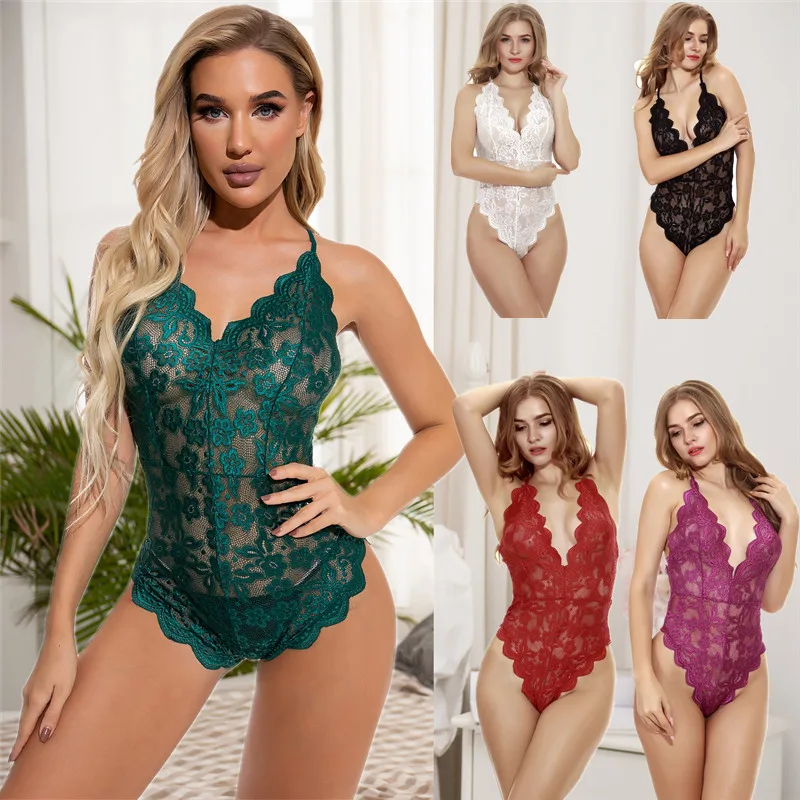 Сексуальное женское кружевное нижнее белье, Женский Летний комбинезон с лямкой на шее, пижамное прозрачное боди с вырезами 
Сексуальное женское кружевное нижнее белье, Женский Летний комбинезон с лямкой на шее, пижамное прозрачное боди с вырезами