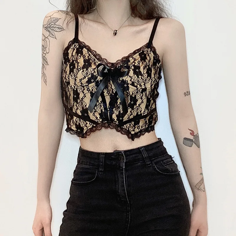 New Style Blouse Sexy Lace Stitching Bowknot Element Sling Exposed Umbilical Women's Clothing Black Top Sexy Streetwear
New Style Blouse Sexy Lace Stitching Bowknot Element Sling Exposed Umbilical Women's Clothing Black Top Sexy Streetwear
