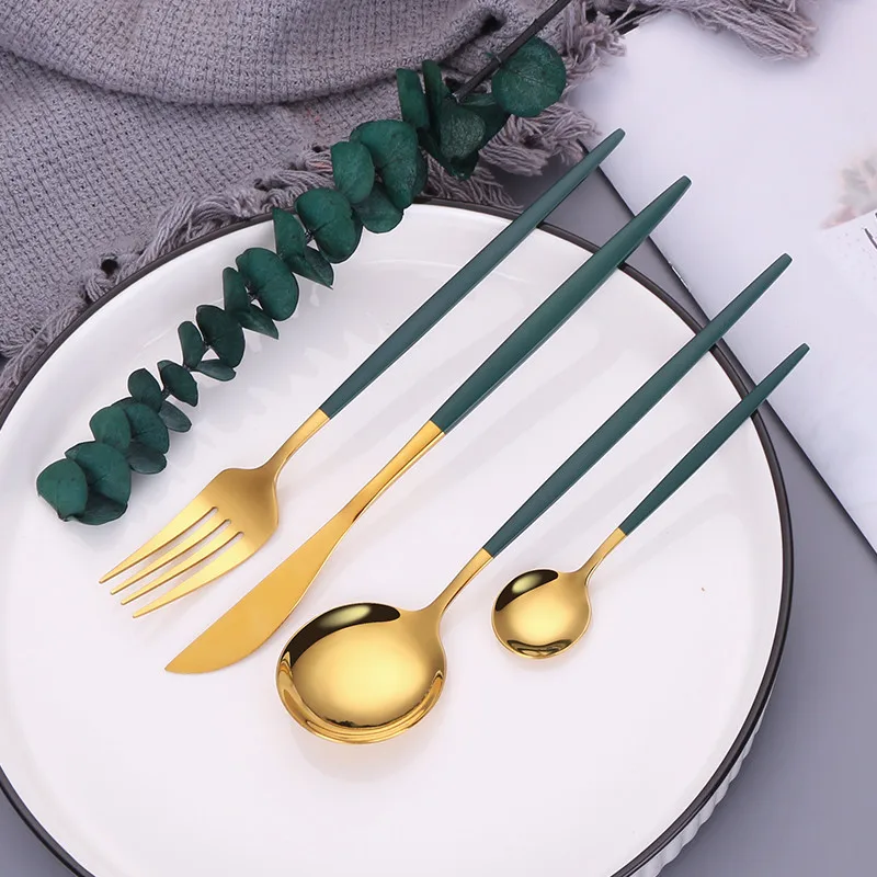 Flatware 18/10 Stainless Steel Cutlery Set Green Gold Dinnerware Spoon and Fork Set Fruit Forks for Kids Chopsticks Dropshipping
Flatware 18/10 Stainless Steel Cutlery Set Green Gold Dinnerware Spoon and Fork Set Fruit Forks for Kids Chopsticks Dropshipping