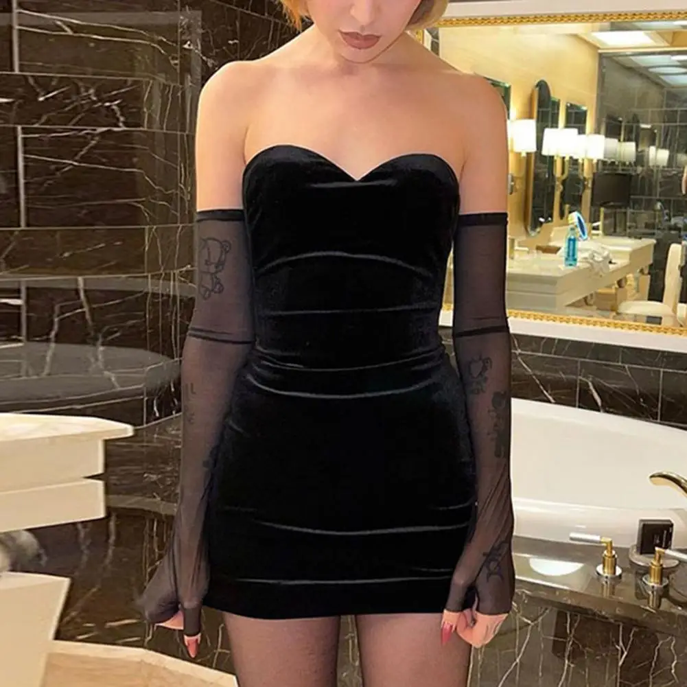 

50% Hot Sales Dress Tube Top Separated Gauze Sleeves Black Backless Clubwear Short Dress for Party