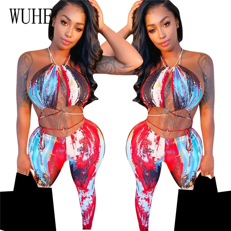 KEXU Summer Print Women Set Halter Bandage Hollow Out Crop Tops Elastic Sheath Long Pants 2 Piece Set Sexy Party Club Outfit
KEXU Summer Print Women Set Halter Bandage Hollow Out Crop Tops Elastic Sheath Long Pants 2 Piece Set Sexy Party Club Outfit