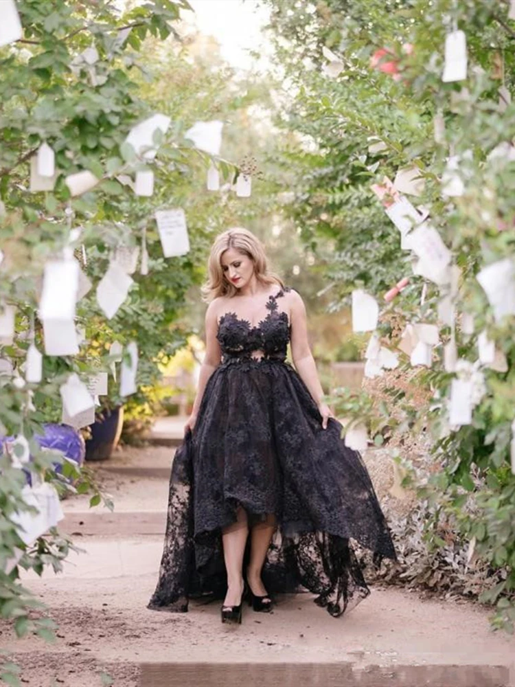 Black Lace High Low Prom Dresses Sexy Sheer Neck Short Front Long Back Backless Party Evening Gowns Plus Size Customize
Black Lace High Low Prom Dresses Sexy Sheer Neck Short Front Long Back Backless Party Evening Gowns Plus Size Customize
