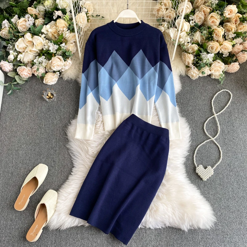 Women's Knitted Sets 2021 New Spring O-neck Geometric Palid Loose Pullover Sweater Tops And Long Pencil Skirt Two Piece Set
Women's Knitted Sets 2021 New Spring O-neck Geometric Palid Loose Pullover Sweater Tops And Long Pencil Skirt Two Piece Set