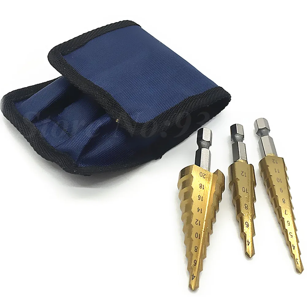 3pcs Hss Steel Titanium Step Drill Bits 3-12mm 4-12mm 4-20mm Step Cone Cutting Tools Steel Woodworking Wood Metal Drilling Set
3pcs Hss Steel Titanium Step Drill Bits 3-12mm 4-12mm 4-20mm Step Cone Cutting Tools Steel Woodworking Wood Metal Drilling Set