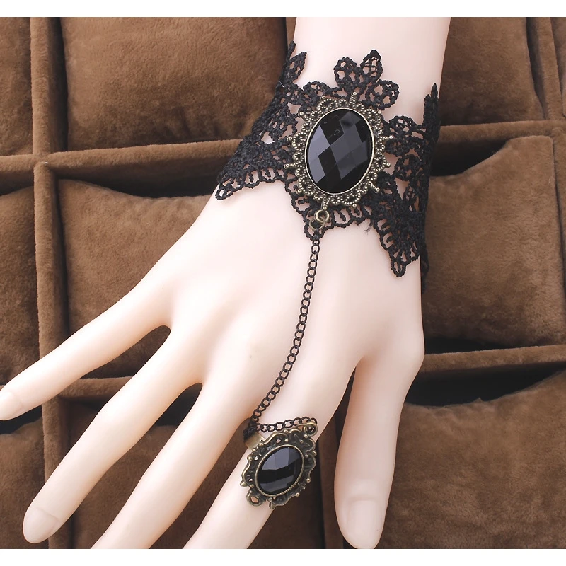 High Quality Black Lace Bracelet Finger Hand Chain Harness Women Bracelet Metal Crystal Charm Steampunk Lady Vintage Jewelry 
High Quality Black Lace Bracelet Finger Hand Chain Harness Women Bracelet Metal Crystal Charm Steampunk Lady Vintage Jewelry