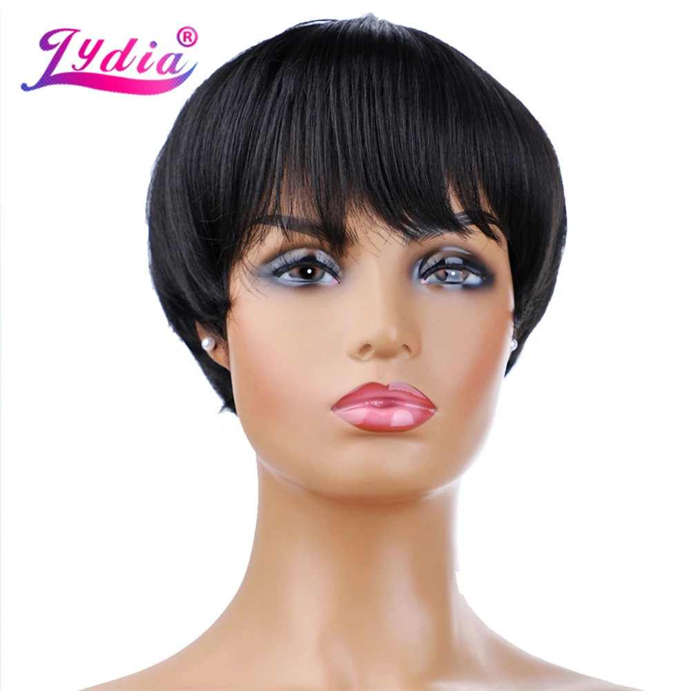 

Lydia Short Synthetic Wigs For Black Women 100% Kanekalon Natural Black Bob Wig 6 Inch Heat Resistant With Free Side Bang