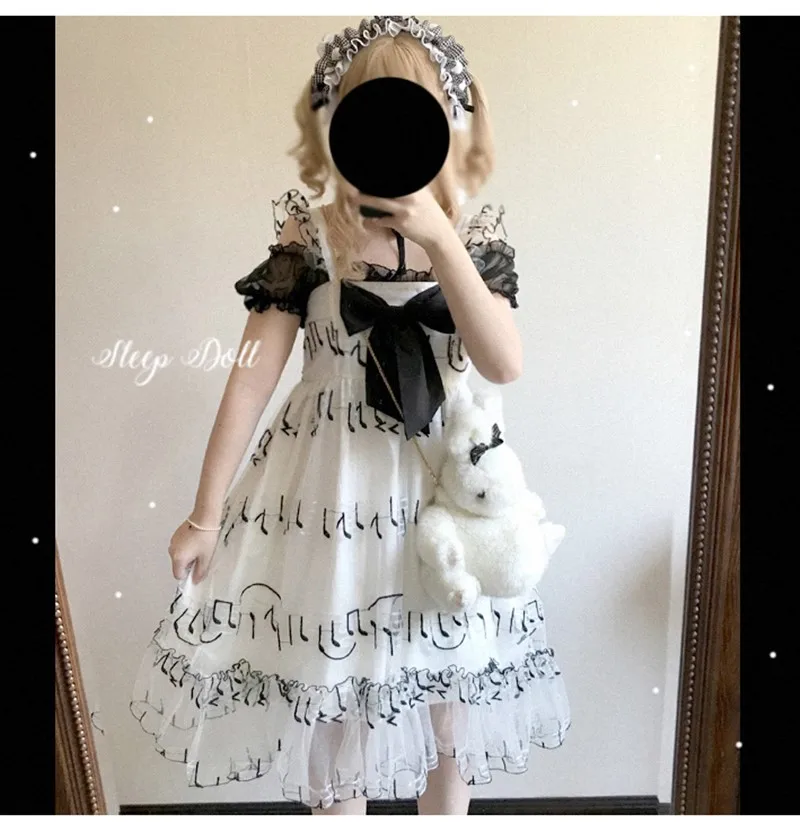 

Mesh embroidered bow ruffle dress bowknot cute printing high waist princess victorian dress kawaii girl gothic lolita jsk loli