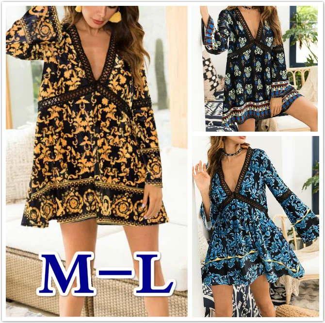 Hollow stitching long sleeve fall dresses printed velvet large swing dress hot new style
Hollow stitching long sleeve fall dresses printed velvet large swing dress hot new style