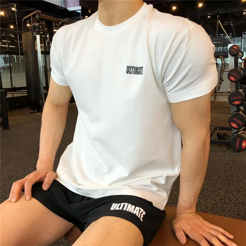 Men Cotton Solid Color T shirt Gym Bodybuilding Fitness Loose Oversized Fashion Short Sleeve Streetwear Sportswear T-shirt | Мужская