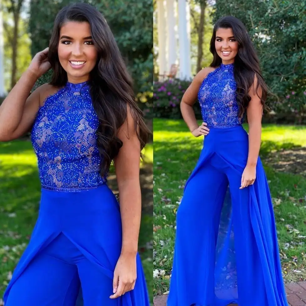 Modest Royal Blue Jumpsuits Evening Dresses Overskirt Chiffon Beaded Lace Applique Pantsuits Formal Prom Dress Party Gown Wear
Modest Royal Blue Jumpsuits Evening Dresses Overskirt Chiffon Beaded Lace Applique Pantsuits Formal Prom Dress Party Gown Wear